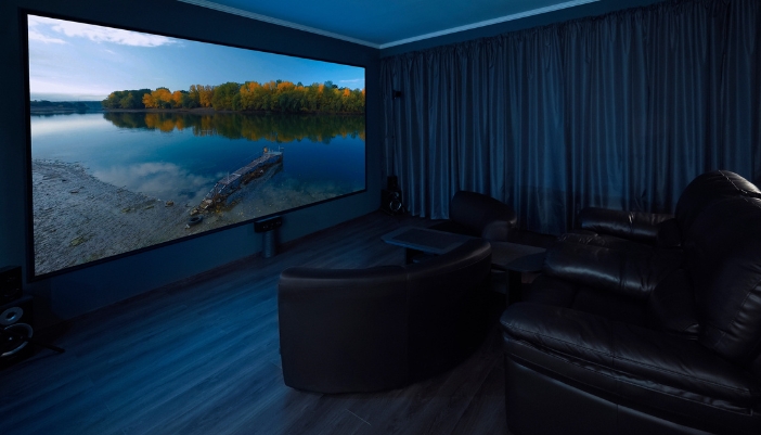 A home theater with an LED screen with super HDR imaging