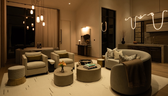 A modern, high-ceiling living room at night lit with hanging and string lights.
