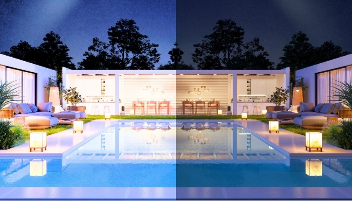 over lit backyard and well lit backyard side-by-side