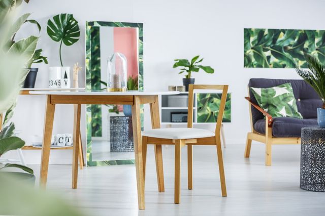 front view of an apartment with a small kitchen, a two person table, and plants all around