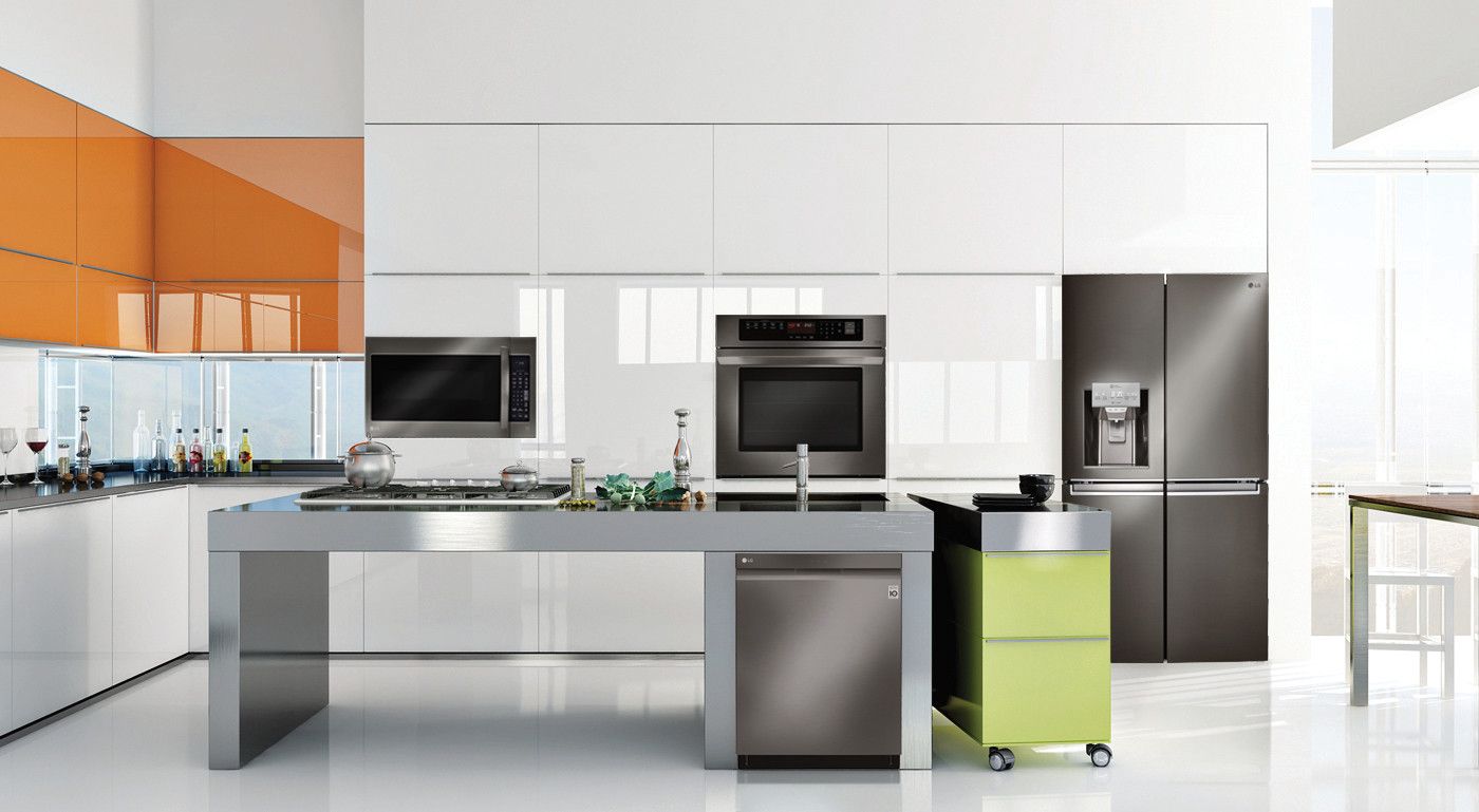 a modern kitchen with a full suite of LG black stainless steel appliances