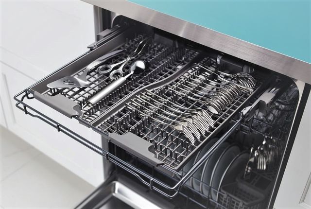 Front view of a KitchenAid third rack dishwasher with the third rack pulled out