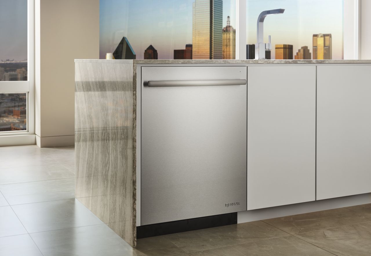 Stainless steel JennAir dishwasher in a kitchen