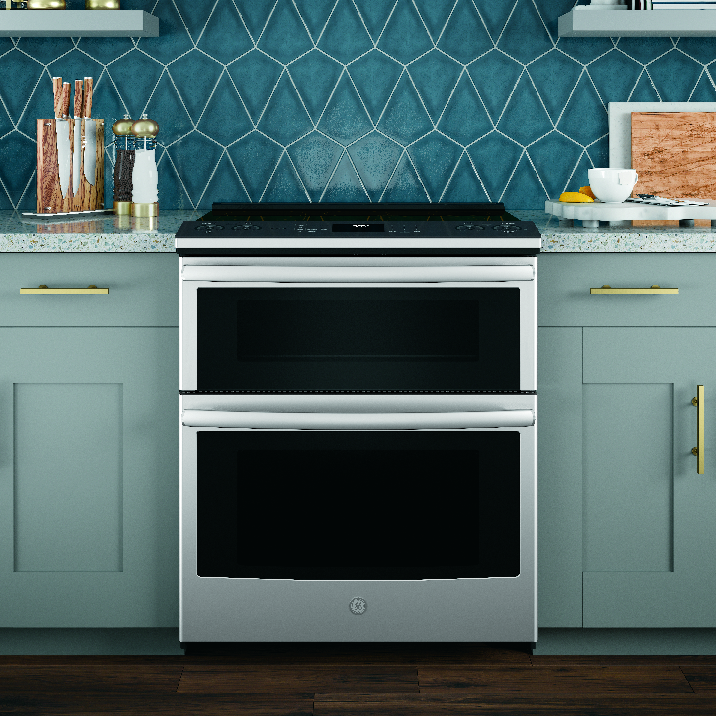 GE Profile range in a kitchen with blue walls