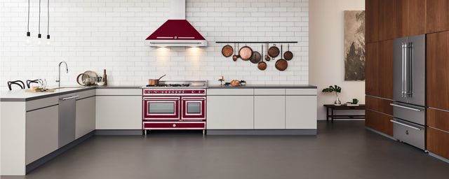 front view of a burgundy bertazzoni range and matching range hood in a modern kitchen with white cabinets