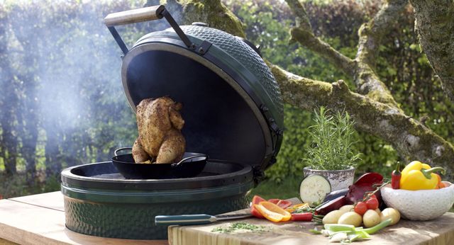 Front view of a Big Green Egg Kamado grill smoker