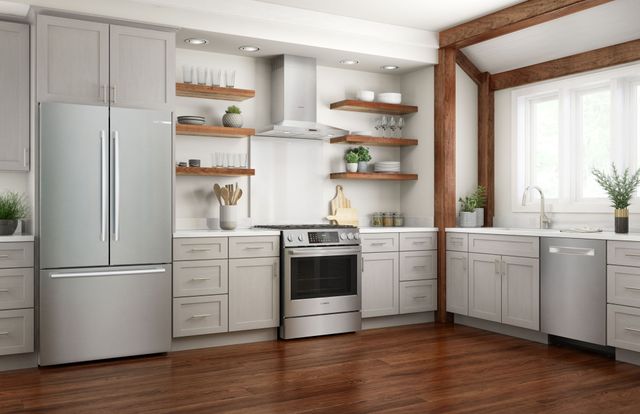 front view of a modern kitchen with Bosch stainless steel appliances