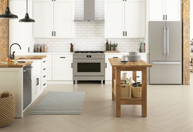 front view of a modern kitchen with stainless steel bosch appliances
