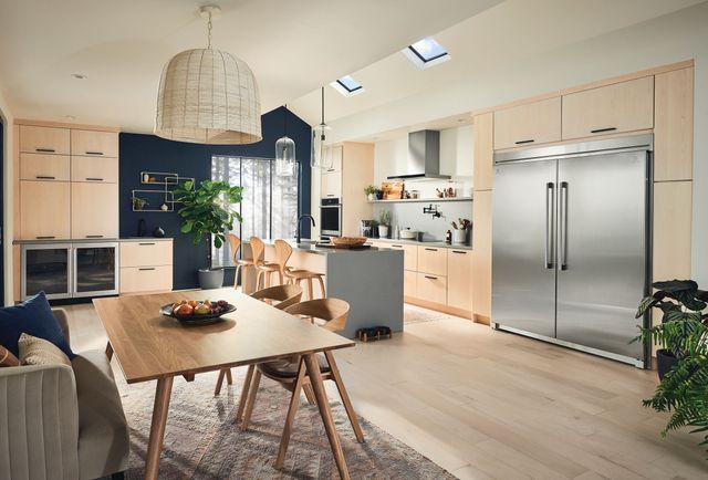 front view of a modern kitchen with Electrolux stainless steel appliances 