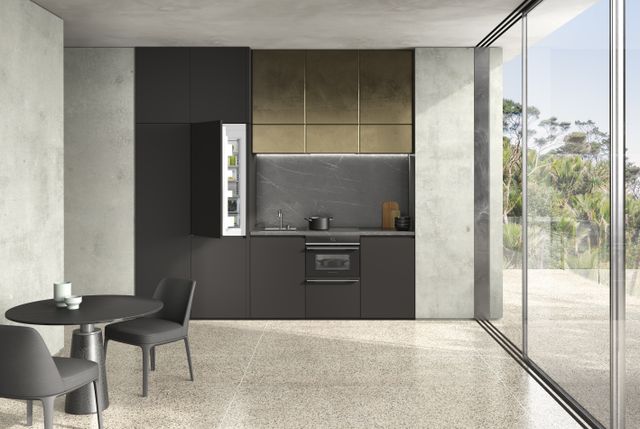 Front view of a luxury kitchen with a Fisher and Paykel speed oven built into teh island
