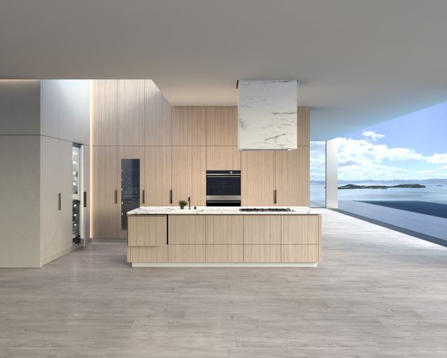 front view of a modern contemporary kitchen with a fisher and paykel double wall oven and various fisher and paykel appliances