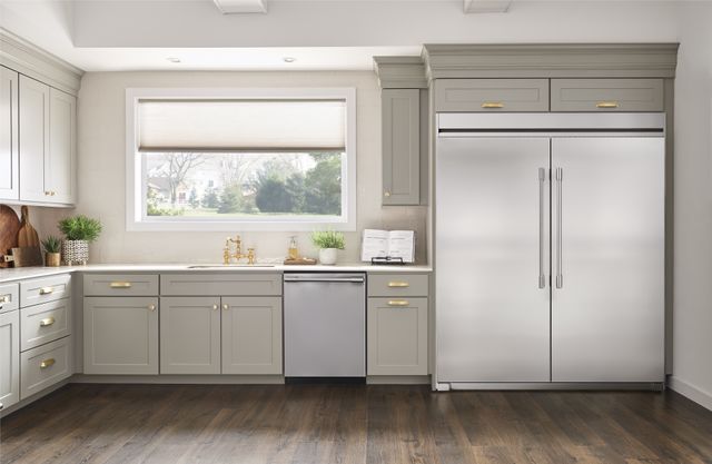 Credit: Frigidaire Front view of a modern kitchen with a Frigidaire professional column refrigerator and freezer