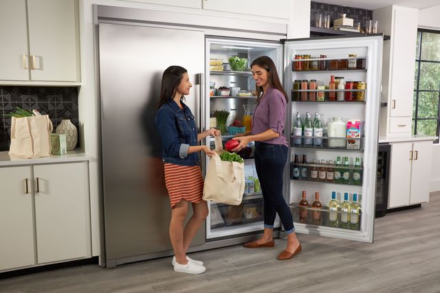 Front view of two women chatting in front of a Frigidaire Professional series refrigerator