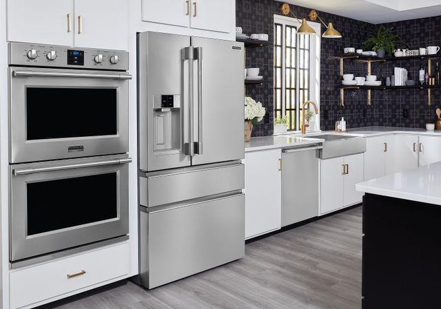 Front view of a modern kitchen with Frigidaire Professional kitchen appliances