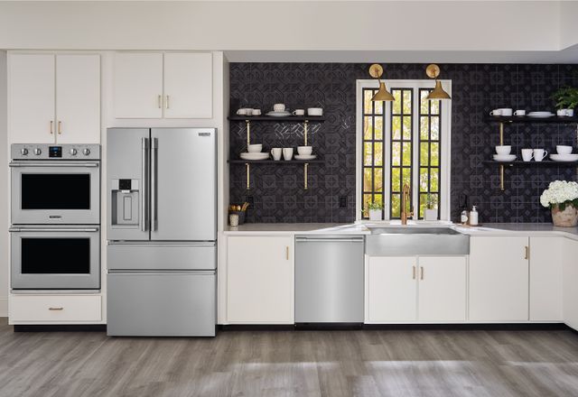 Front view of a modern kitchen with Frigidaire Professional stainless steel appliances