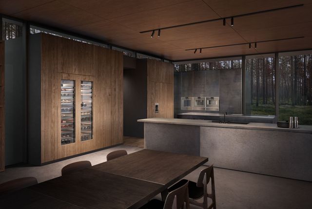 Front view of a contemporary kitchen with Gaggenau appliances.