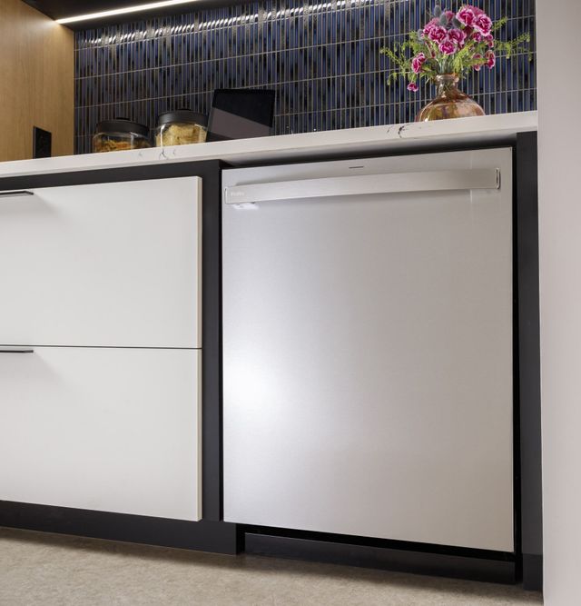 Front view of a GE Profile dishwasher in a modern kitchen
