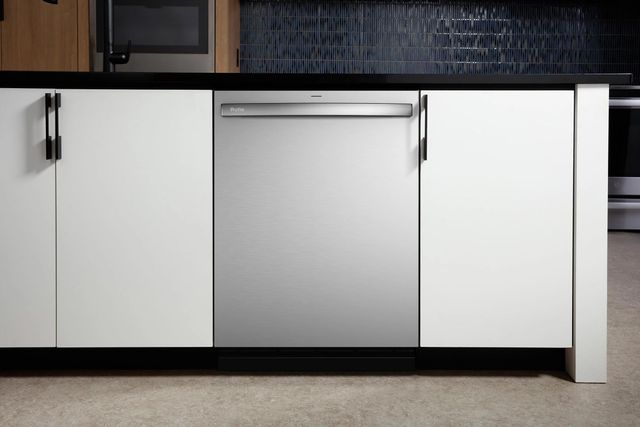 front view of a stainless steel ge profile dishwasher