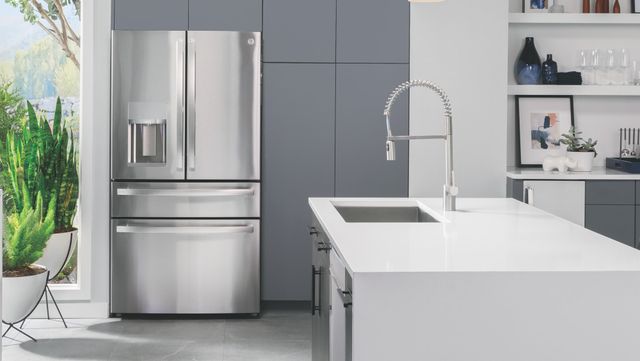 Credit: GE Front view of a modern kitchen with a stainless steel GE Profile refrigerator