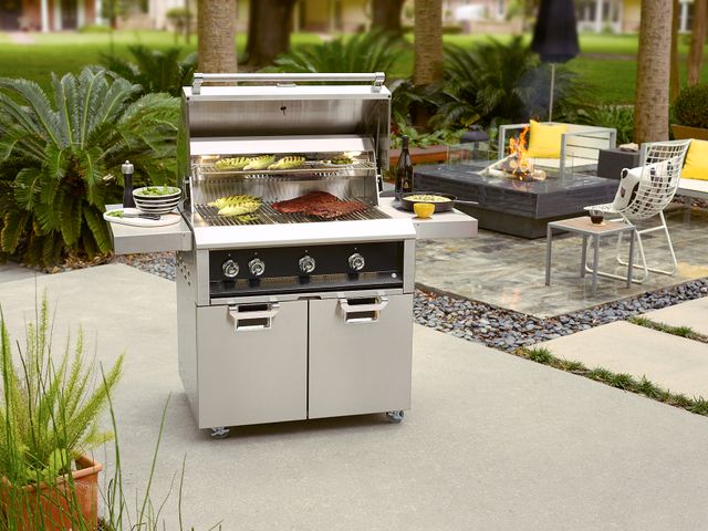 Front view of a Hestan freestanding outdoor grill