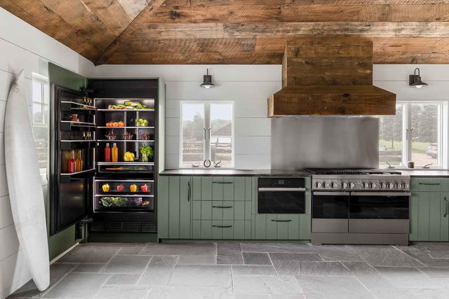 front view of a modern kitchen with stainless steel JennAir appliances
