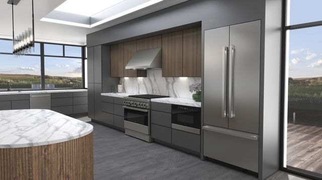 Front view of a contemporary kitchen with JennAir appliances