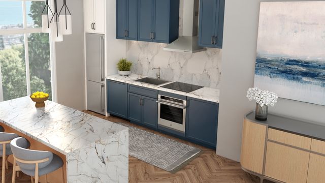 front view of a modern kitchen with a JennAir gas rangetop