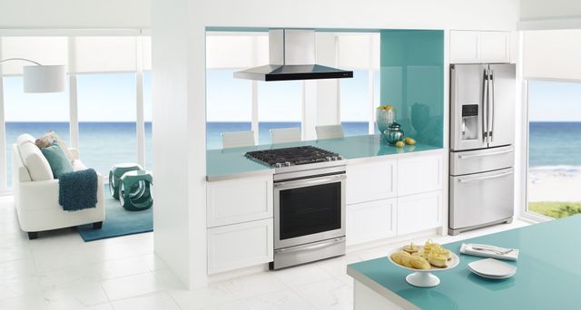 Front view of a modern kitchen with JennAir appliances