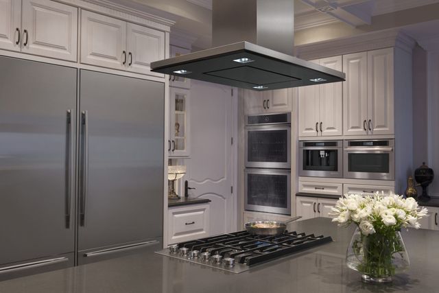 front view of a modern kitchen with stainless steel JennAir appliances