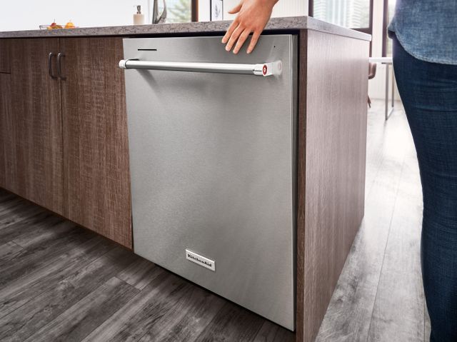 front view of a stainless steel dishwasher