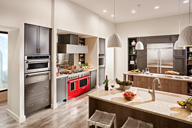 Front view of a modern kitchen with KitchenAid appliances