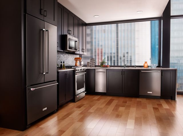 Front view of a modern kitchen with kitchenaid appliances