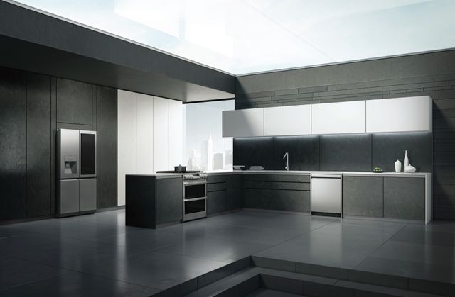 Front view of a luxury kitchen with black cabinetry and textured stainless steel LG Signature appliances