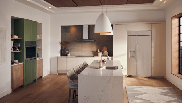Front view of a modern kitchen with LG Studio appliances