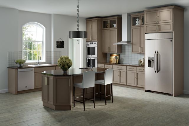 Front view of a modern kitchen with LG Studio appliances