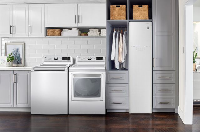 front view of a white LG washer and dryer in a modern laundry room