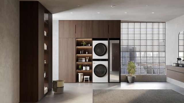 front view of a modern laundry room with an LG stackable washer and dryer