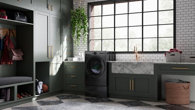 Front view of a modern laundry room with an LG 2-in-1 washer dryer combo