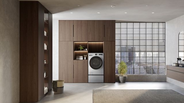 Front view of a modern laundry room with an LG 2-in-1 washer dryer combo
