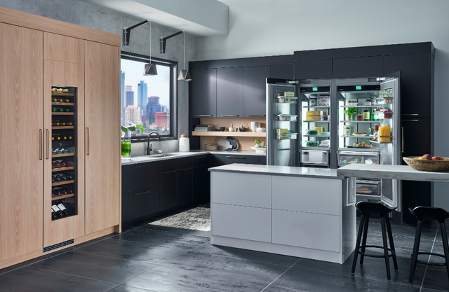 Front view of a modern kitchen with Liebherr refrigerators and wine coolers