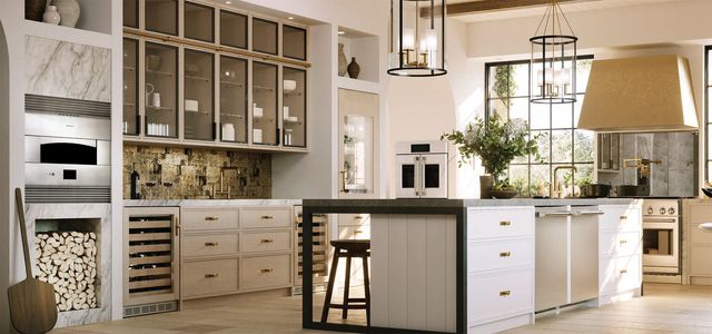 front view of a luxury kitchen with various monogram appliances