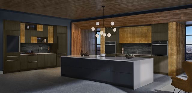 front view of a modern minimalist contemporay kitchen with Monogram appliances