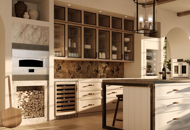 Front view of a modern kitchen with Monogram appliances and a Monogram Hearth Oven