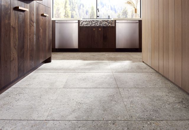 Front low view of a a modern kitchen with two Monogram stainless steel dishwashers between a farmhouse sink.