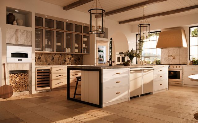 front view of a modern kitchen with monogram appliances