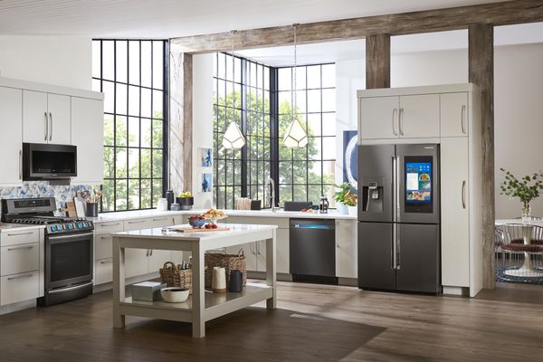 Black stainless steel kitchen appliances in a modern kitchen
