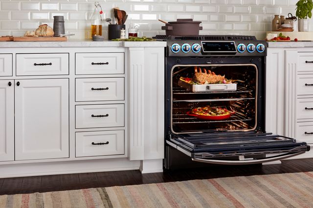 samsung oven in a modern kitchen, styled as though someone is cooking