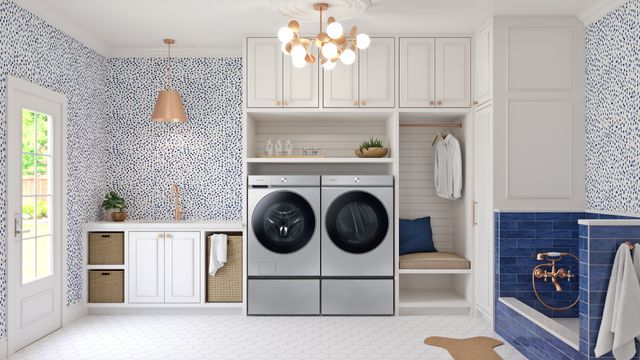 Front view of a modern laundry room with a light gray washer and dryer from Samsung