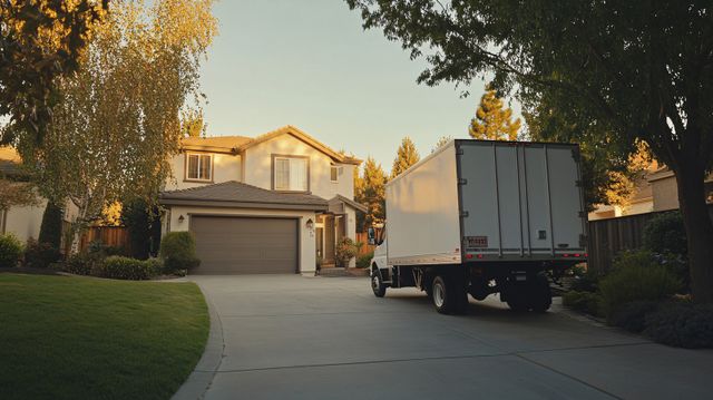 Front view of a home with a delivery truck in front of it