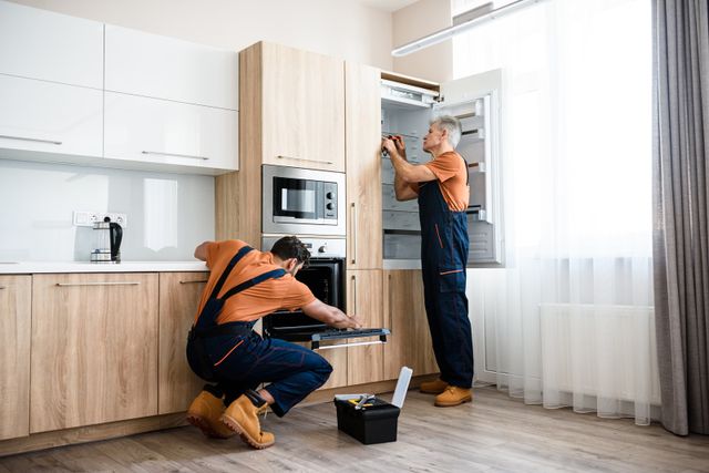 front view of two men installing appliances in a kitchen